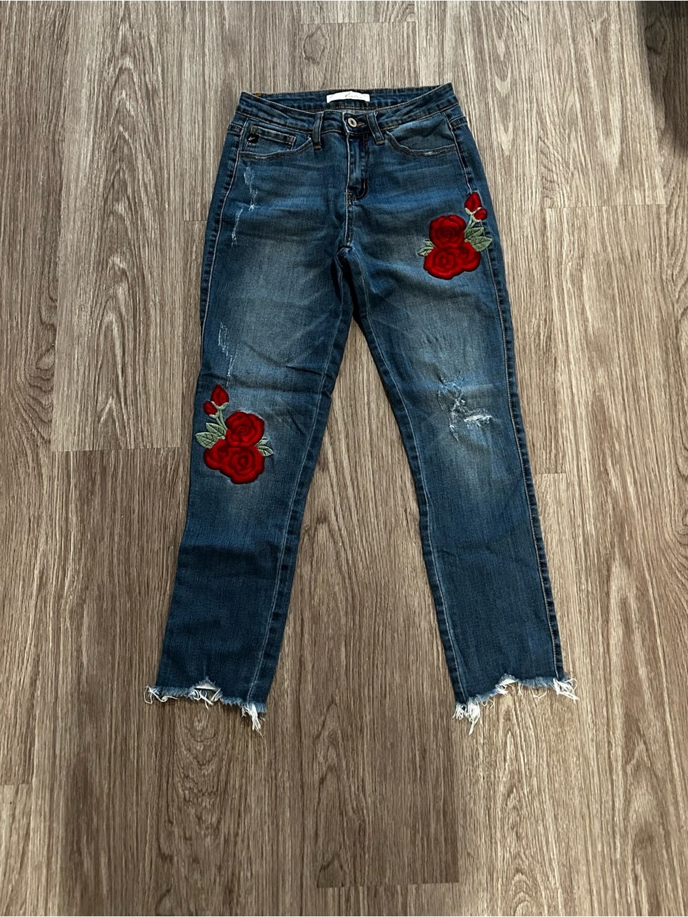 KanCan Dark Blue Cropped Jeans with Red Rose Patches